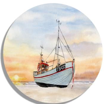 Untersetzer Glasuntersetzer rund 9,5 cm  Fischerboot im Sonnenuntergang  Aquarell Maritim Kunst Druck Kunstdruck Dänemark Nordsee  Düne Meer Möwe Strand